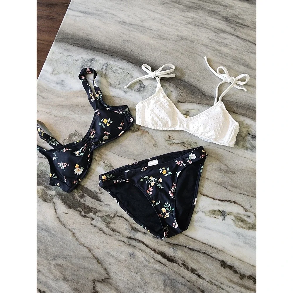 Xhilaration Womens Bikini Lot 3pc Black Floral White Swiss Dot Swimsuit Set S‎